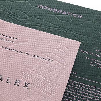 Hot foiled and letterpress printed wedding stationery on Colorplan Racing Green and Candy Pink card